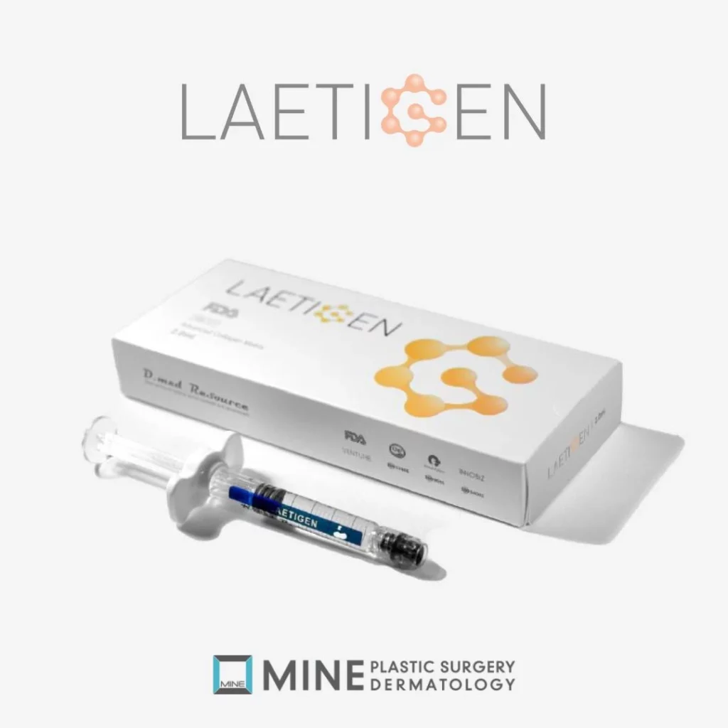 Laetigen skin booster and collagen syringe with product box packaging displayed on white background at Mine Plastic Surgery Dermatology clinic.