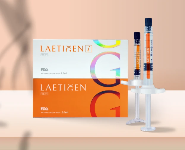 Laetigen skin booster and collagen advanced collagen syringes with dual product boxes in 1ml and 2ml packaging displayed for aesthetic skin treatment.