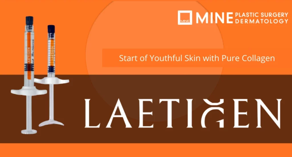 Laetigen skin booster and collagen banner with collagen injection syringes, youthful skin slogan, and Mine Plastic Surgery Dermatology clinic branding.