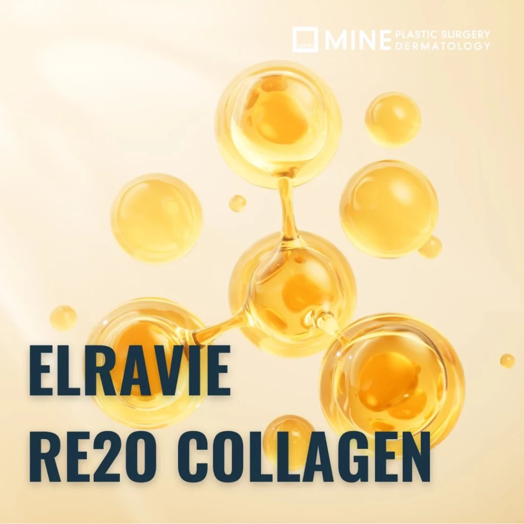 3D golden collagen molecule illustration for Elravie Re2O Skin Booster — collagen-stimulating injectable treatment at Mine Plastic Surgery Dermatology.