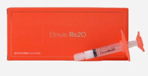 Elravie Re2O Skin Booster box and syringe in coral orange packaging by hADM — injectable skin booster for hydration and rejuvenation.