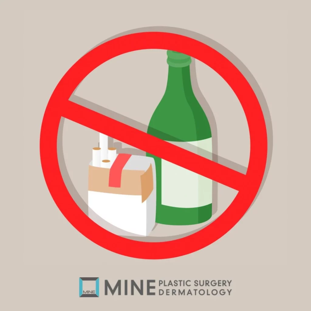 Postoperative restriction icon for inverted nipple surgery showing a red prohibition sign over alcohol bottle and cigarettes, indicating no smoking or drinking during recovery.