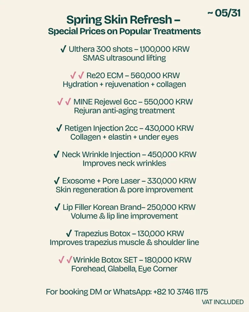 Mine Clinic Spring Skin Refresh — Korean dermatology & Korean skin care treatment prices in Seoul, valid until May 31.