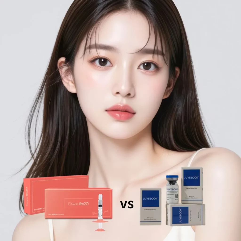 Beauty model with skincare products comparing Re20 collagen and Juvelook skin boosters, illustrating aesthetic treatment options for skin rejuvenation.