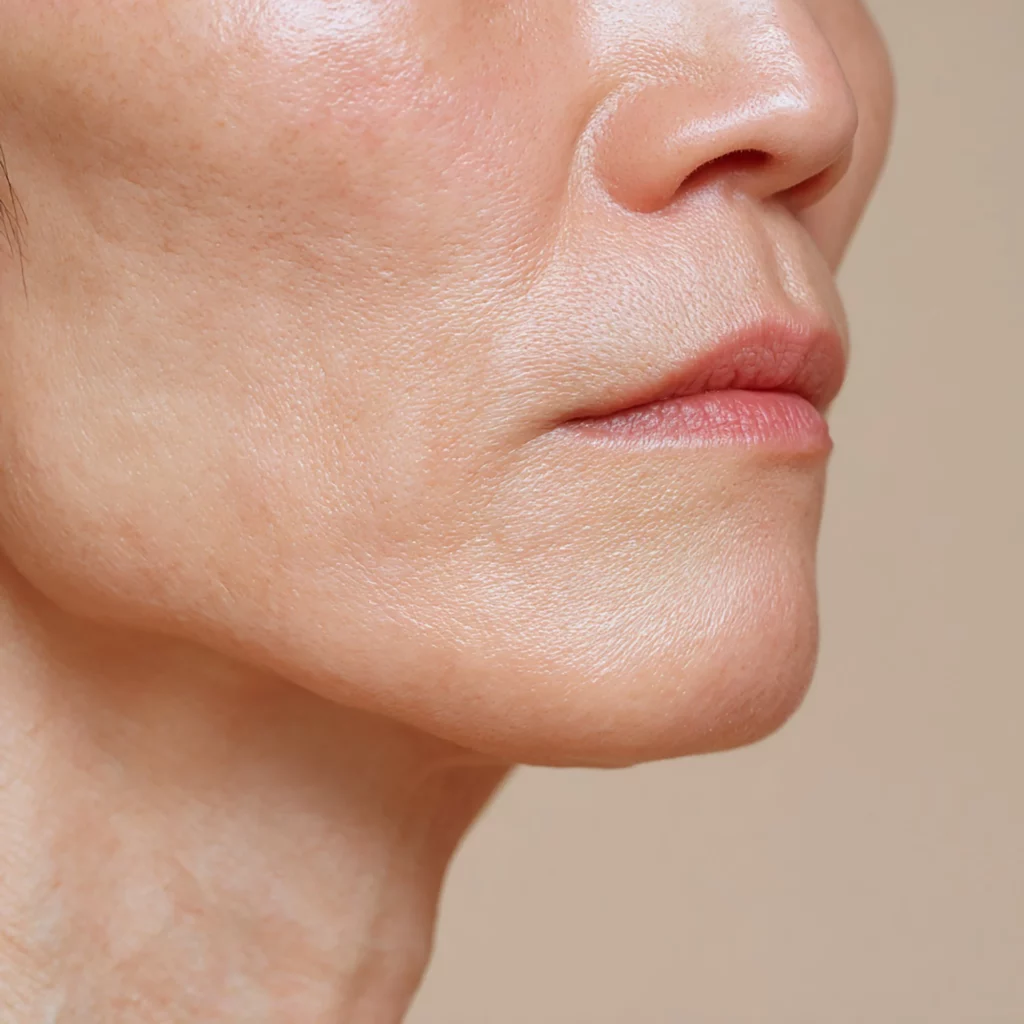 Close-up side profile of woman with smooth, glowing skin after Laetigen and Re20 collagen skin booster treatment at Mine Clinic Seoul Korea.
