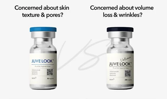 Juvelook vs Juvelook Volume comparison — regular Juvelook for skin texture and pores versus Juvelook Volume for volume loss and wrinkles.