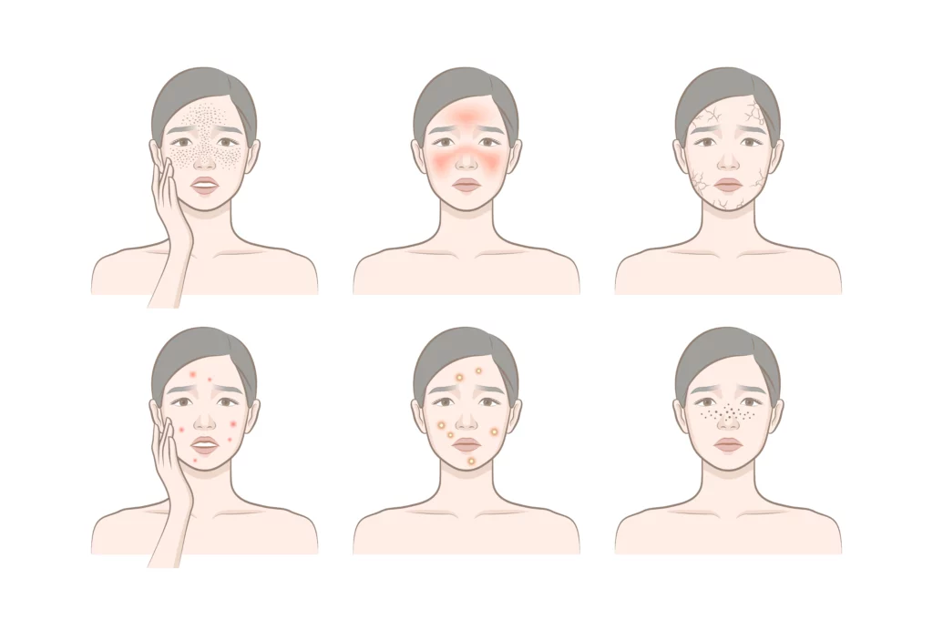 Illustrated guide showing six common skin concerns — oily pores, redness, dry skin, breakouts, acne, and dark spots — to help choose the right Korean spa day skin facial at Mine Clinic Seoul