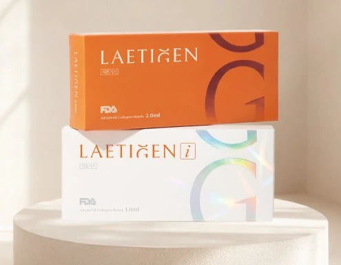 Laetigen and Laetigen i FDA-approved advanced collagen skin booster product boxes used at Mine Clinic Seoul Korea — alternative to Re20 collagen booster treatment.