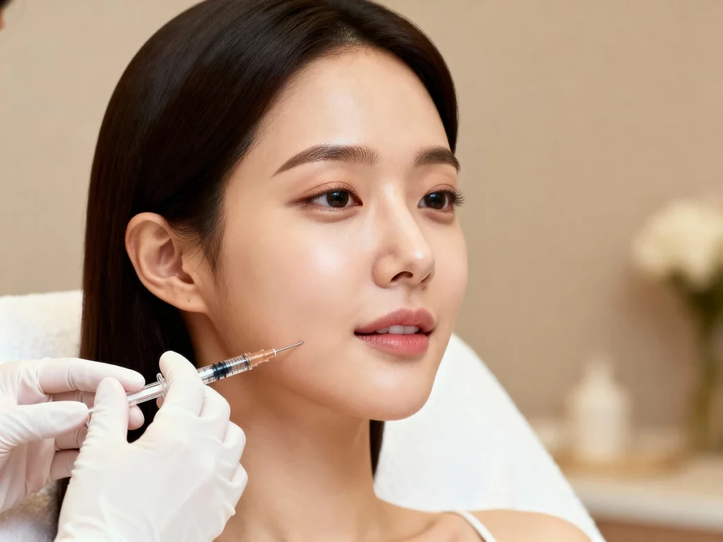 Dermatologist administering Re20 and Laetigen collagen skin booster injection to a patient's cheek at Mine Clinic Seoul Korea K-Beauty dermatology treatment.
