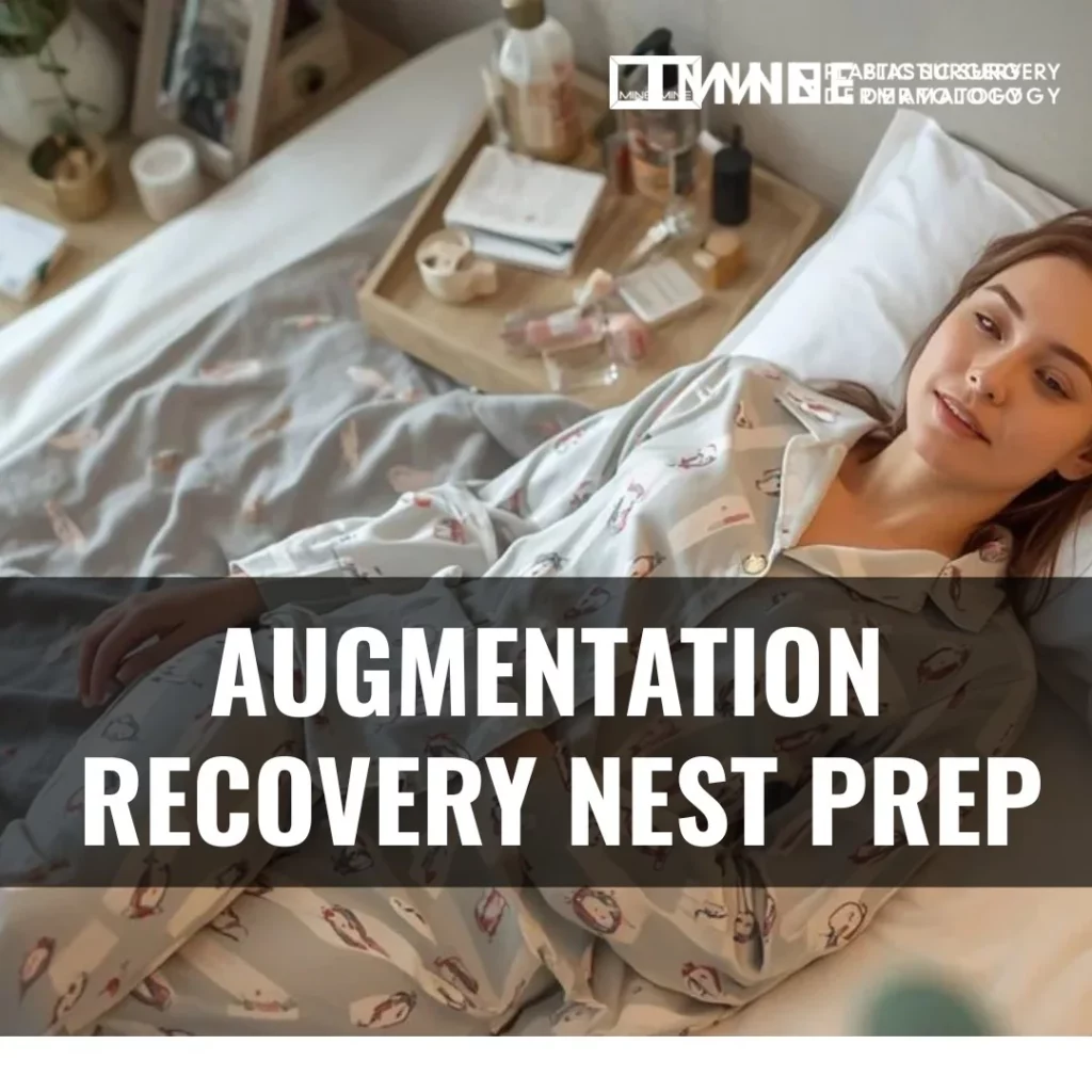 Breast augmentation recovery nest prep guide — comfortable bedroom setup with button-front pajamas and bedside supplies for breast augmentation surgery aftercare.