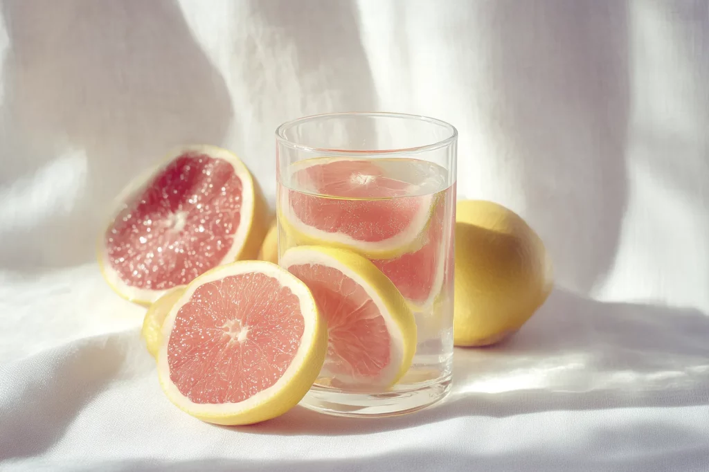 Glass of water with grapefruit and lemon slices — sour citrus is one of the key foods to avoid after salivary gland reduction because it stimulates saliva production..
