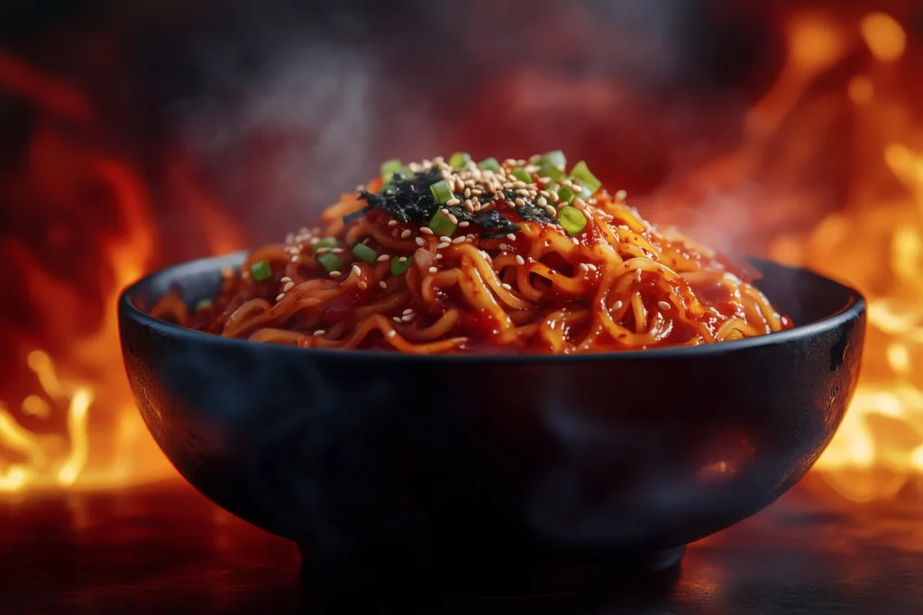 Steaming bowl of spicy Korean noodles with chili sauce — spicy dishes are among the foods to avoid after salivary gland reduction because they trigger saliva and inflammation.
