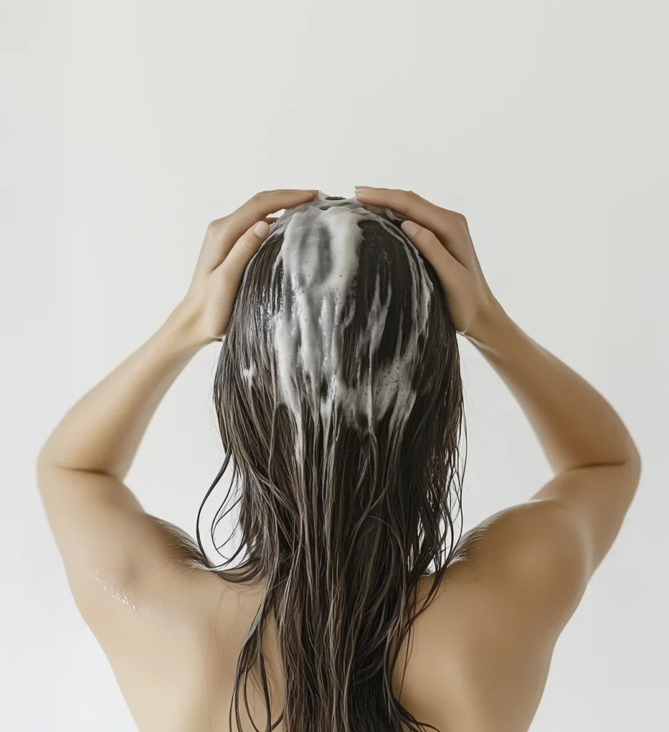 Woman washing hair thoroughly in the shower — proper hair rinsing helps prevent shampoo and conditioner residue from causing body acne on the back and chest.