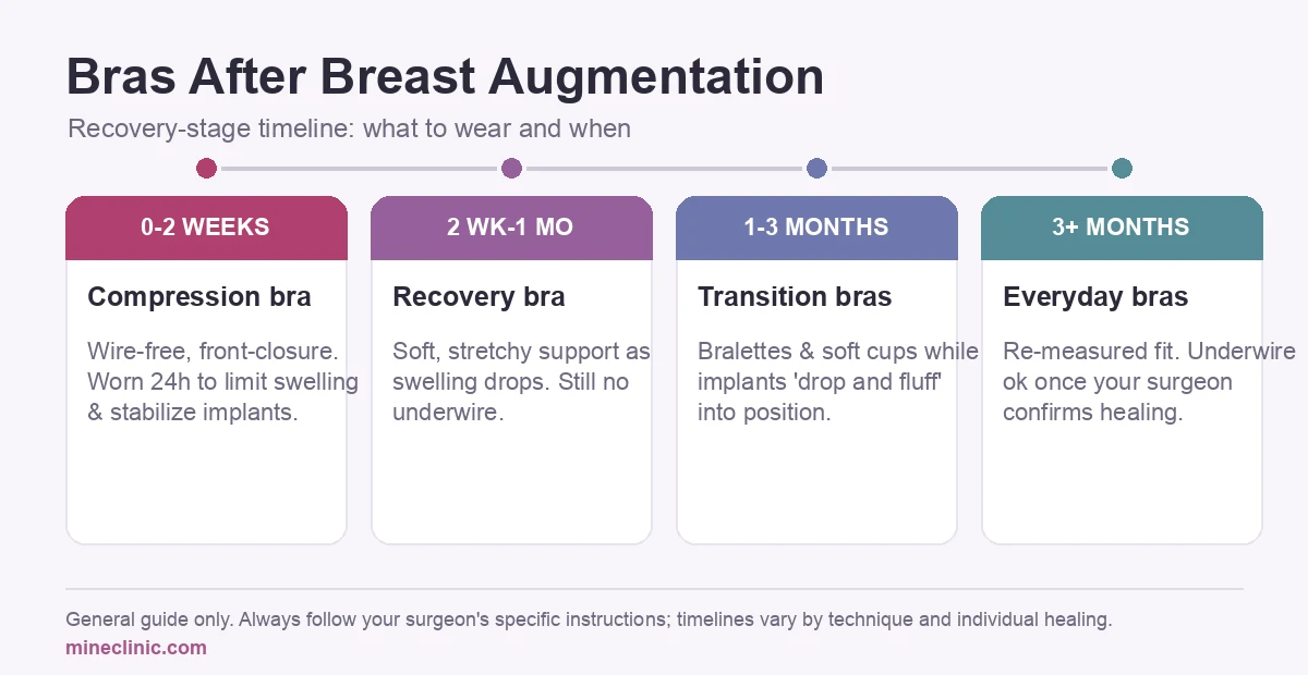 Timeline infographic showing which bras to wear after breast augmentation by recovery stage: compression bra at 0 to 2 weeks, recovery bra at 2 weeks to 1 month, transition wireless bras at 1 to 3 months, and everyday bras after 3 months.