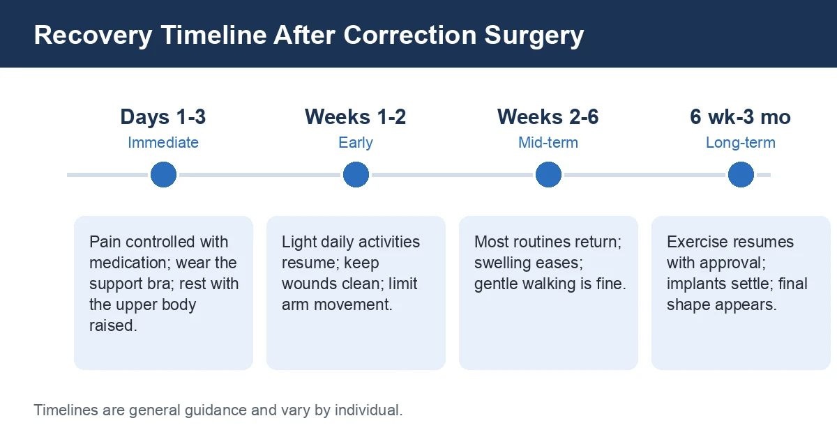 Recovery timeline after breast implant malposition correction surgery, from days 1-3 through three months