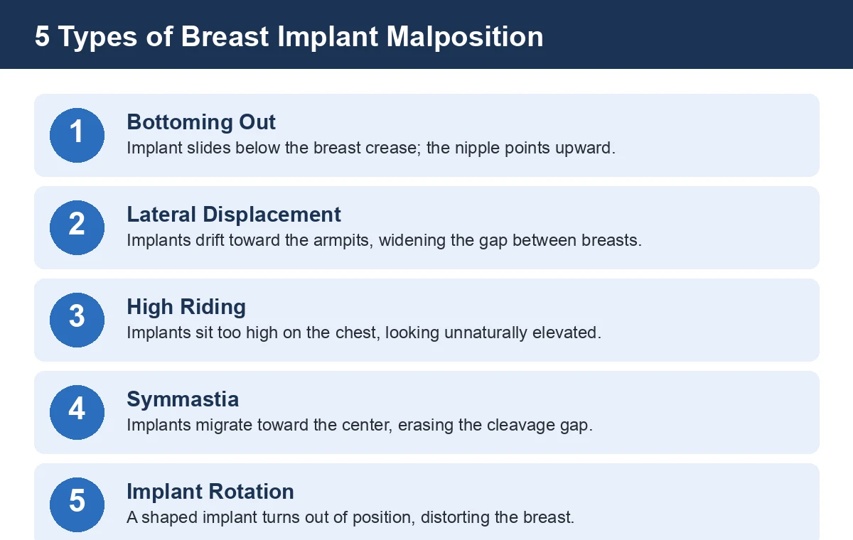 Diagram of the five breast implant malposition types: bottoming out, lateral displacement, high riding, symmastia, and rotation