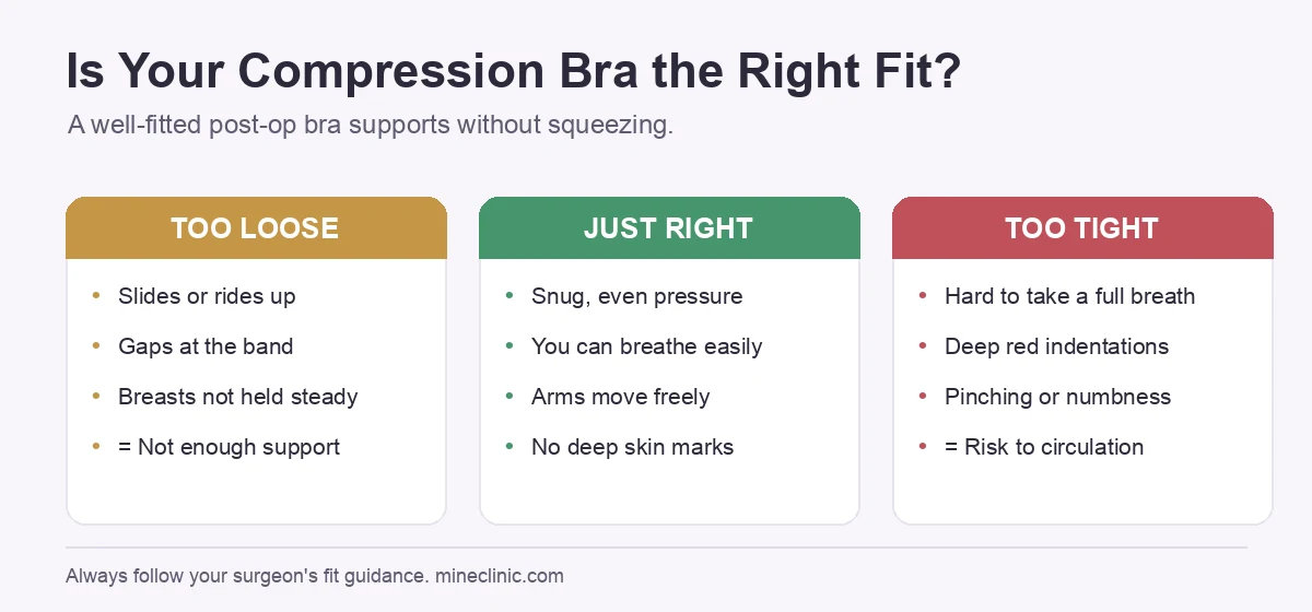 Compression bra fit-check chart for bras after breast augmentation: too loose, just right, and too tight, with the signs of each.