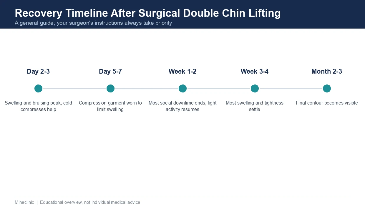 Recovery timeline after surgical double chin lifting from day 2-3 swelling peak to final contour at month 2-3