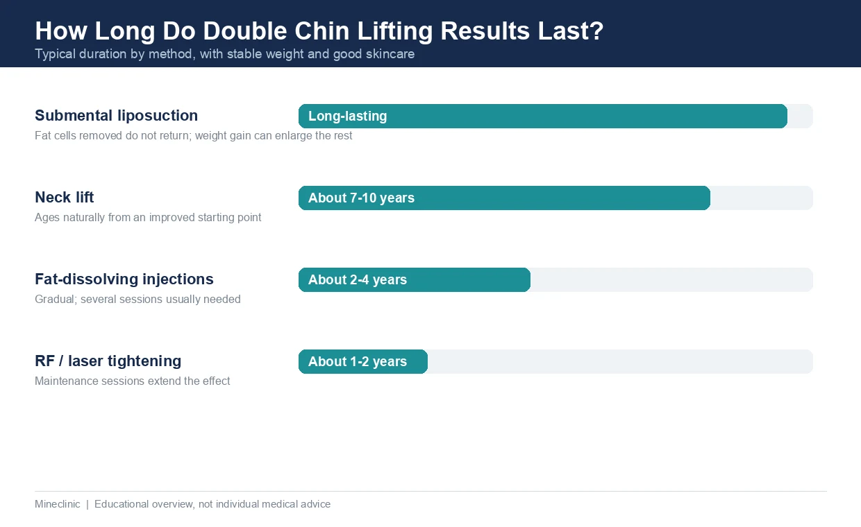 Chart showing how long double chin lifting results last by method, from long-lasting liposuction to 1-2 year RF and laser tightening