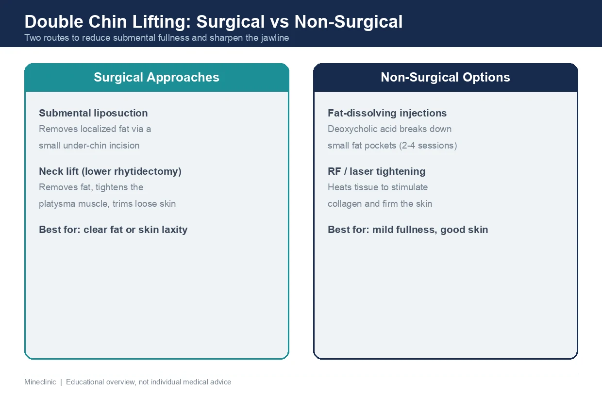 Chart comparing surgical and non-surgical routes for a sagging jawline and submental fullness, listing submental liposuction and neck lift against fat-dissolving injections and RF or laser tightening.