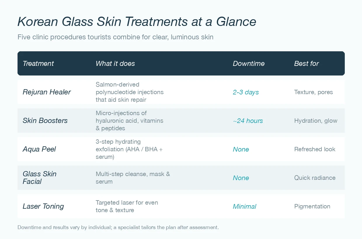 Comparison chart of five Korean glass skin treatments: Rejuran Healer, skin boosters, aqua peel, glass skin facial and laser toning, with downtime and best uses