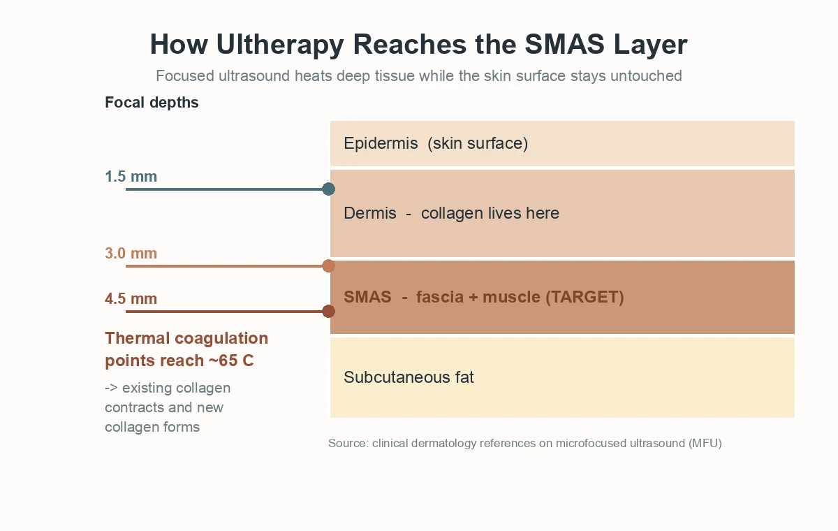 Ultherapy guide diagram showing how HIFU focal depths at 1.5, 3.0 and 4.5 mm reach the SMAS layer