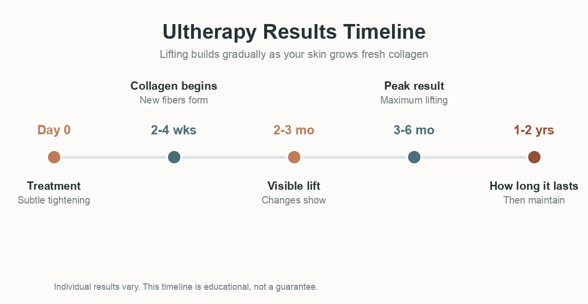 Ultherapy guide results timeline from treatment day through 2-4 weeks, 2-3 months, 3-6 months and 1-2 years