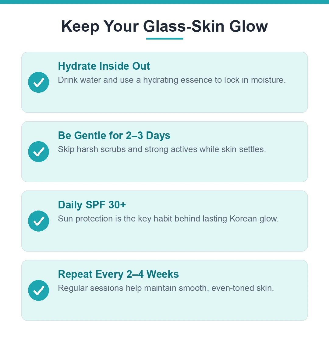 Glass-skin aftercare checklist: hydrate inside out, be gentle for 2 to 3 days, apply daily SPF 30+, and repeat the facial every 2 to 4 weeks