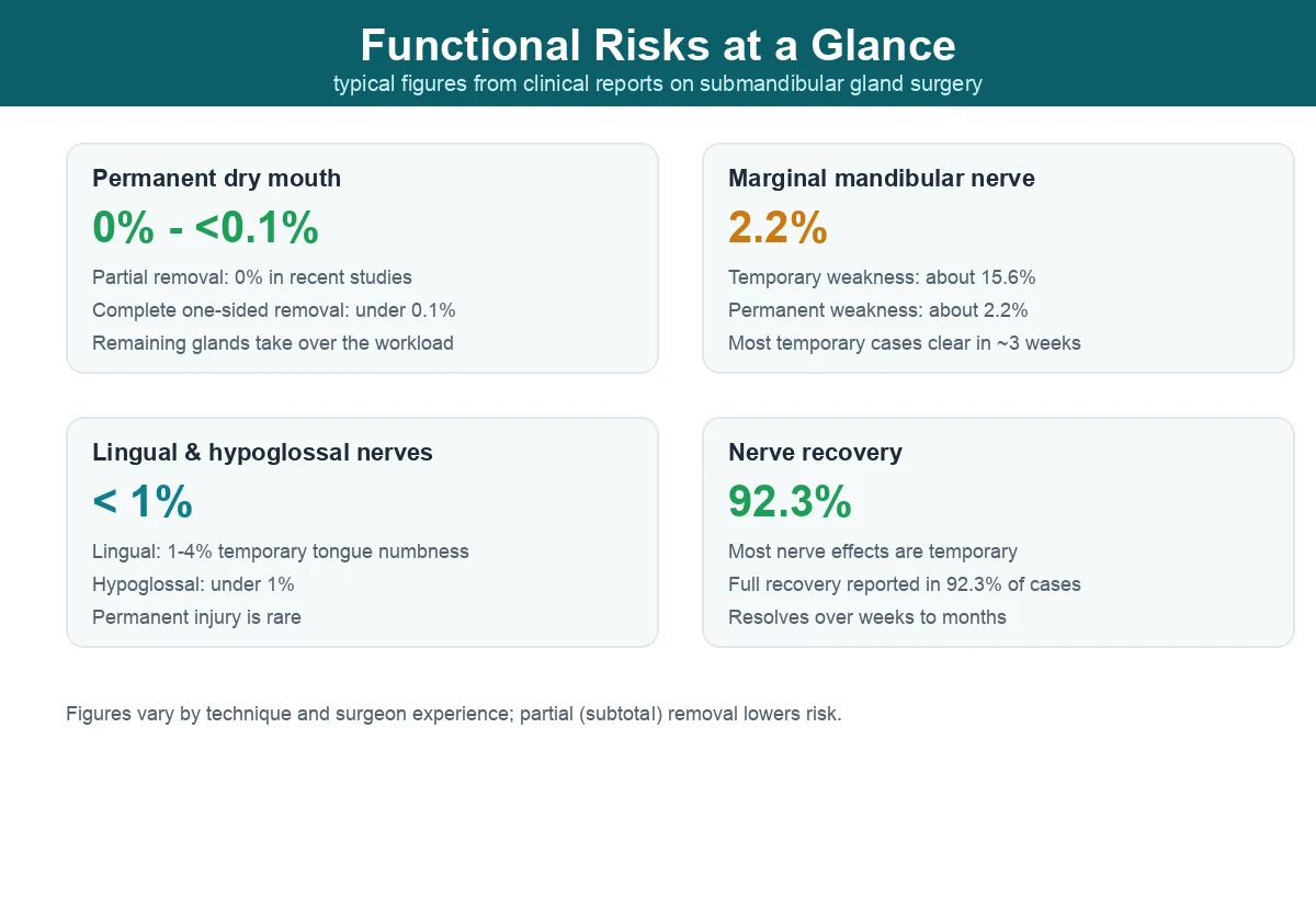 Infographic summarizing functional risks of submandibular gland surgery: permanent dry mouth 0 to under 0.1 percent, marginal mandibular nerve permanent weakness 2.2 percent, lingual and hypoglossal nerve injury under 1 percent, and 92.3 percent nerve recovery.