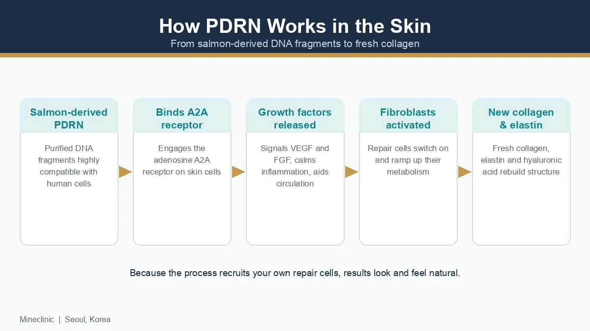 How PDRN drives the Rejuran effect: salmon-derived PDRN binds the A2A receptor, releases growth factors, activates fibroblasts and builds new collagen and elastin