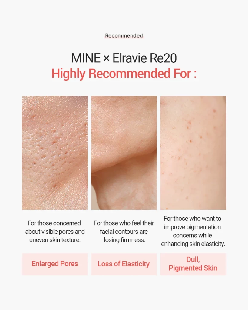 Re20 effect target concerns: enlarged pores, loss of elasticity, and dull pigmented skin.