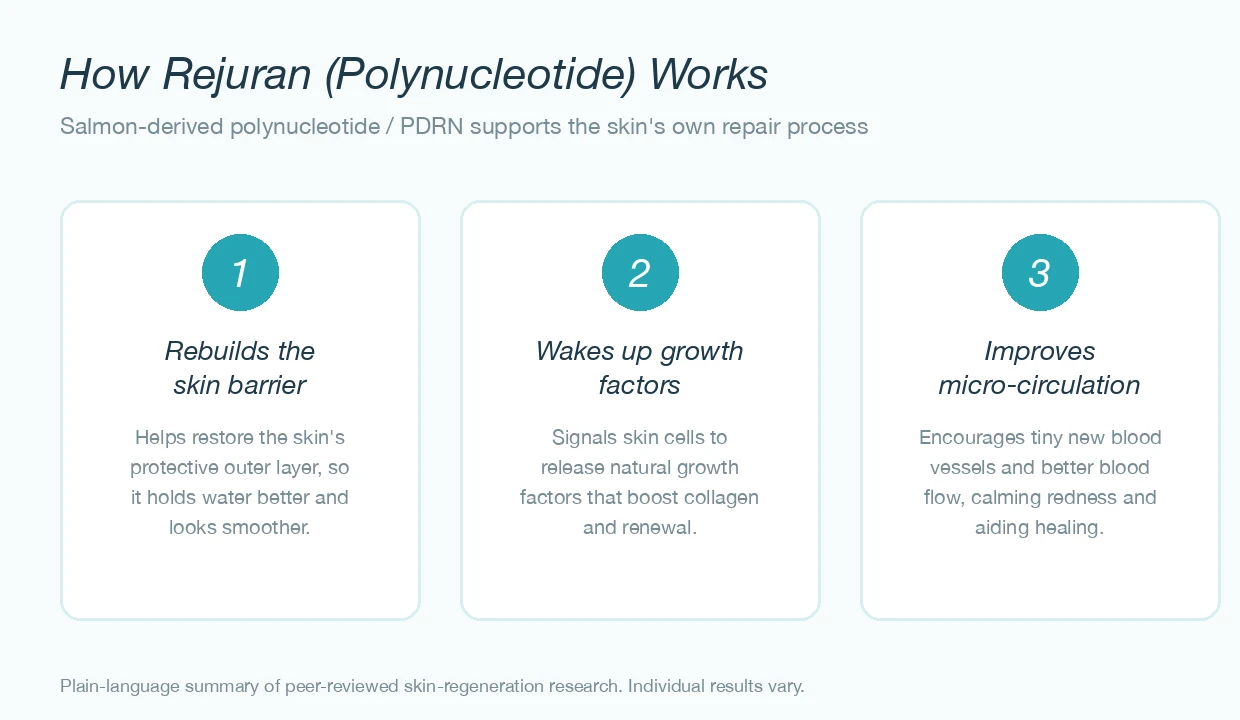 Infographic explaining how Rejuran polynucleotide works: rebuilds the skin barrier, activates growth factors, and improves micro-circulation