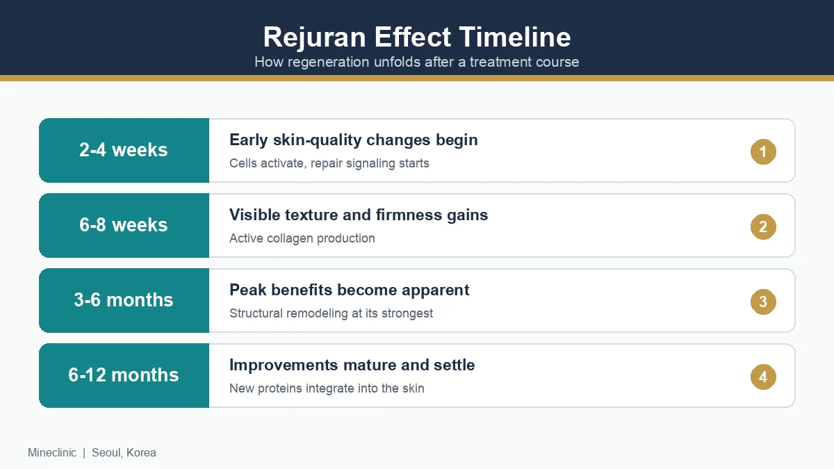 Rejuran effect timeline showing how skin regeneration develops from 2-4 weeks through 6-12 months after treatment