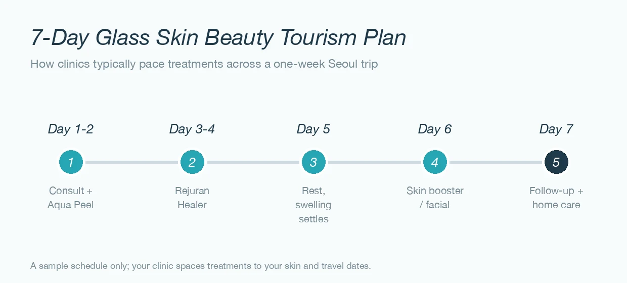 Seven-day glass skin beauty tourism timeline for a Seoul trip from aqua peel to Rejuran, skin boosters and follow-up