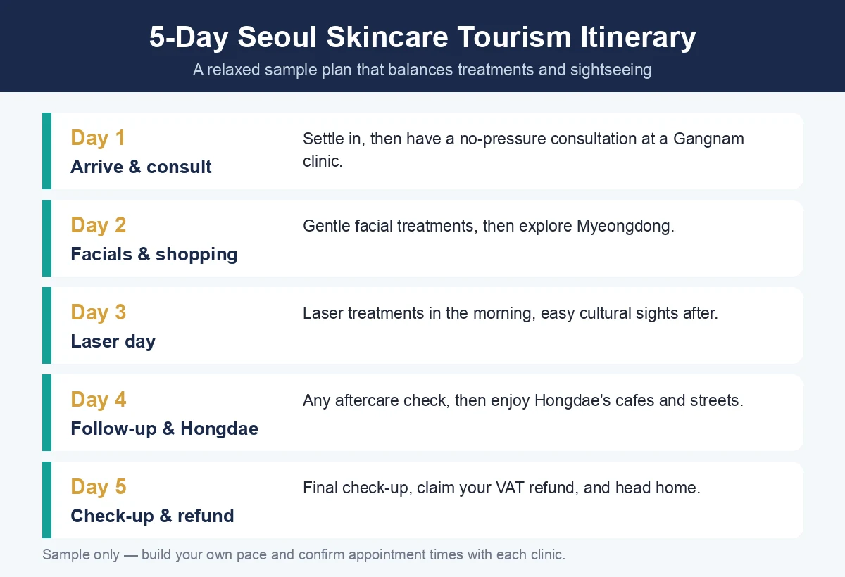 Sample 5-day Seoul skincare tourism itinerary balancing treatments and sightseeing