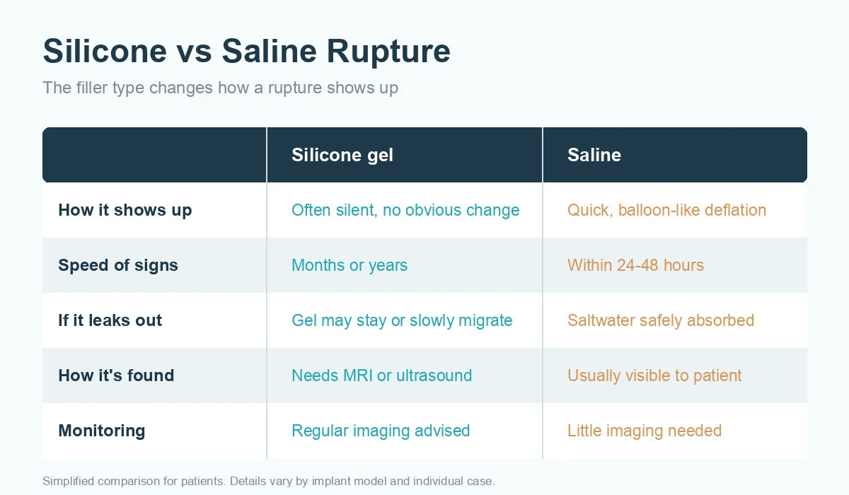Silicone versus saline implant rupture comparison chart