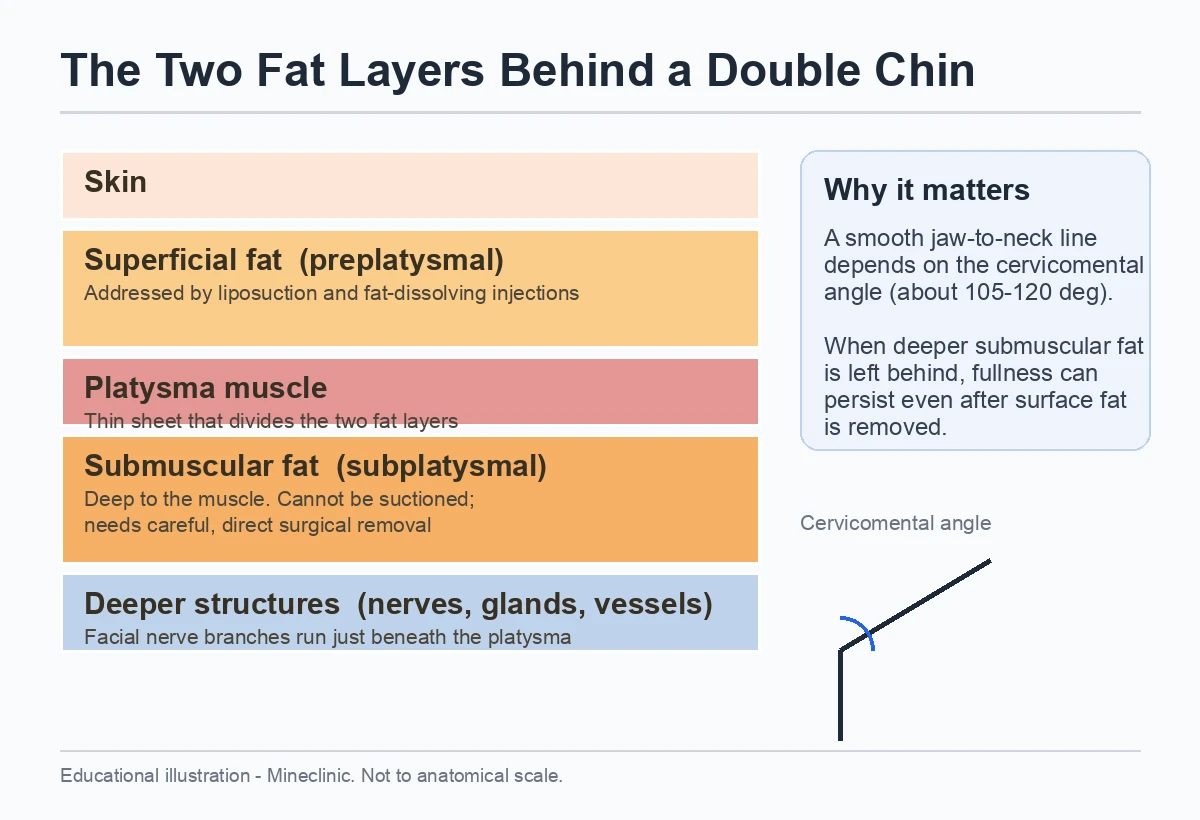 Diagram of the two fat layers behind a double chin: superficial fat above the platysma and submuscular fat beneath the muscle