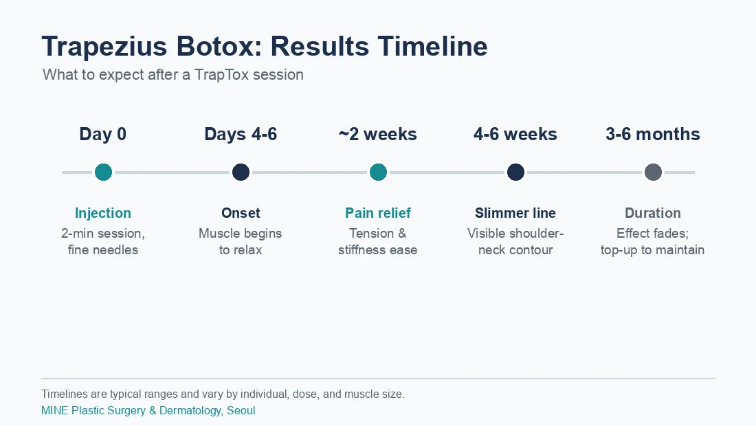 Trapezius botox results timeline infographic showing injection on day 0, onset in 4-6 days, pain relief at 2 weeks, a slimmer shoulder line at 4-6 weeks, and 3-6 month duration.