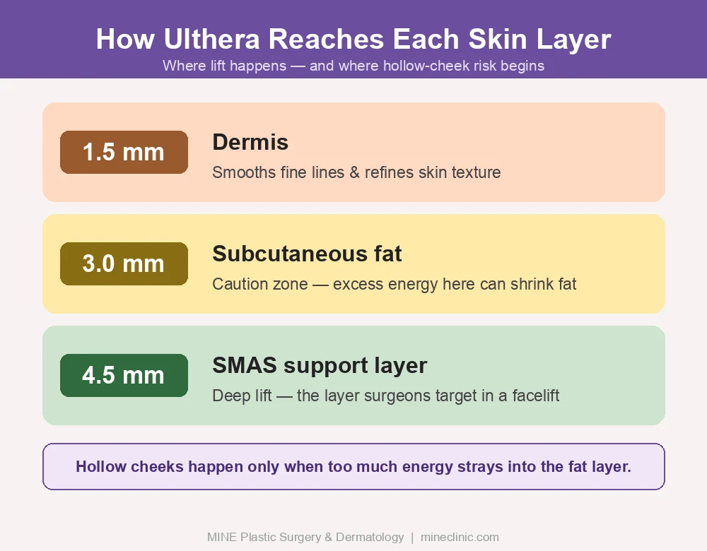Infographic showing how Ulthera ultrasound reaches the 1.5mm dermis, 3.0mm subcutaneous fat caution zone, and 4.5mm SMAS layer, noting hollow cheeks occur only when energy strays into the fat layer.