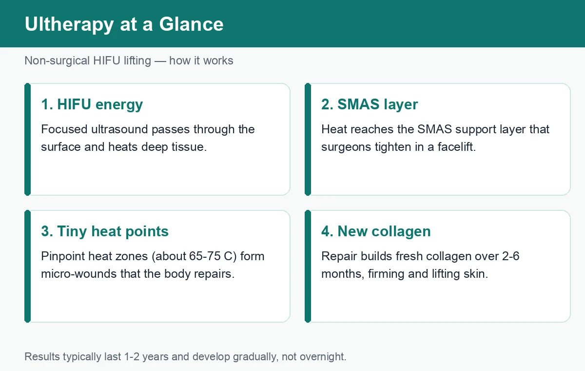 How Ultherapy HIFU lifting works: energy, SMAS layer, heat points, and new collagen