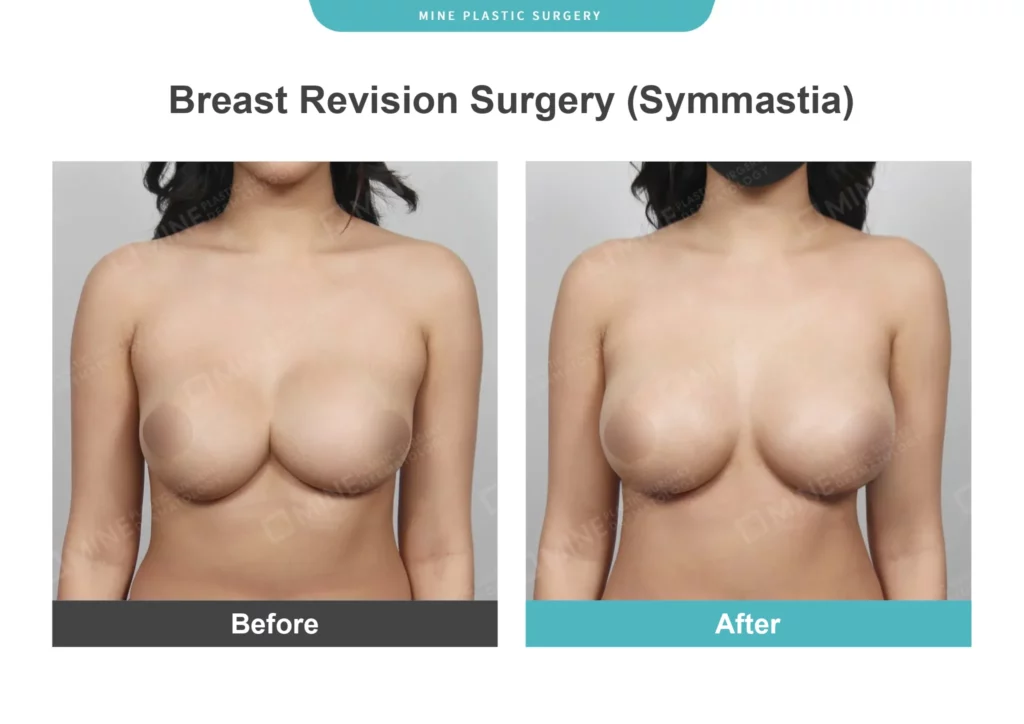 Breast capsule revision surgery before and after photographs of an actual Mine Clinic patient treated for symmastia, showing a restored midline gap between the breasts.