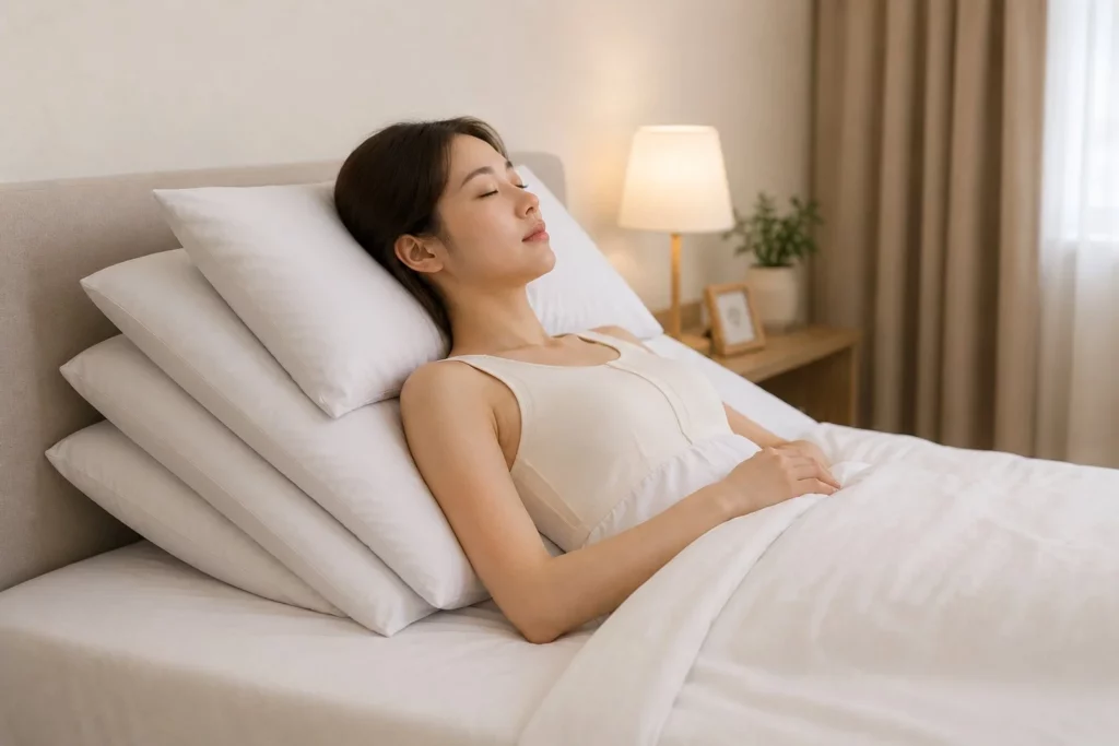 Breast reduction recovery elevated rest position with compression garment - healing process guide