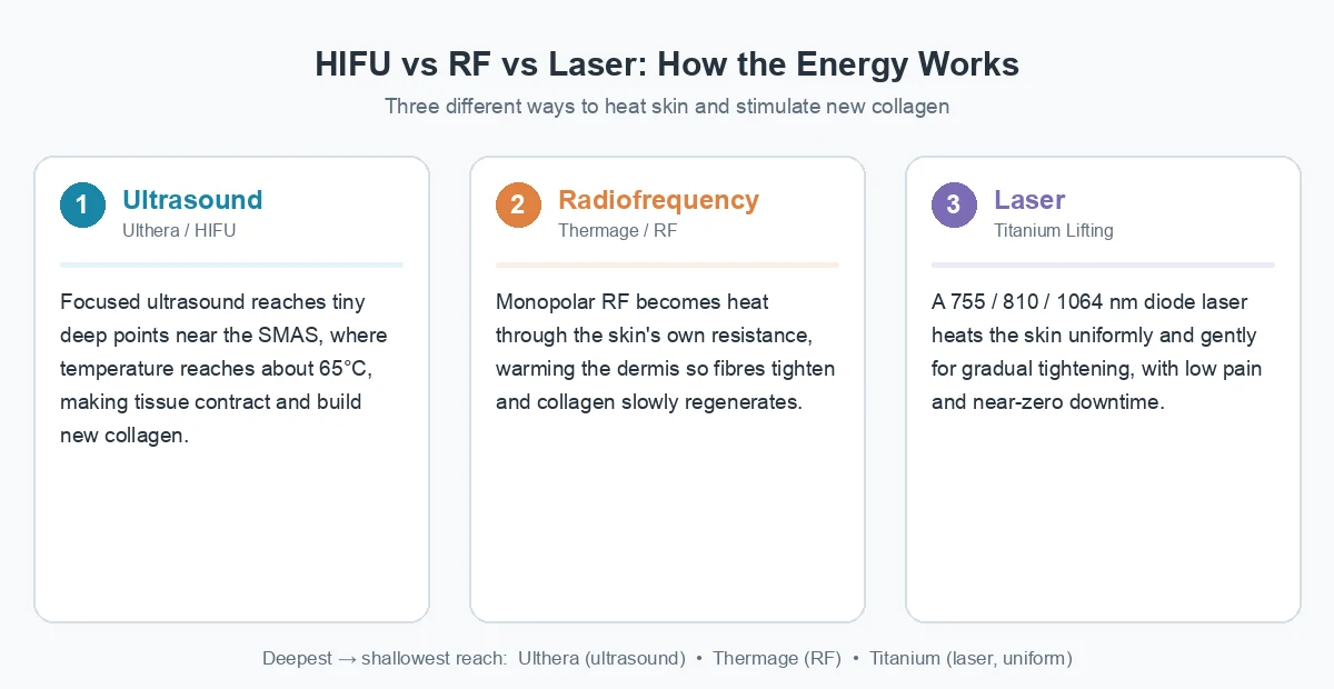 Infographic explaining HIFU vs RF vs laser mechanisms for non surgical skin tightening