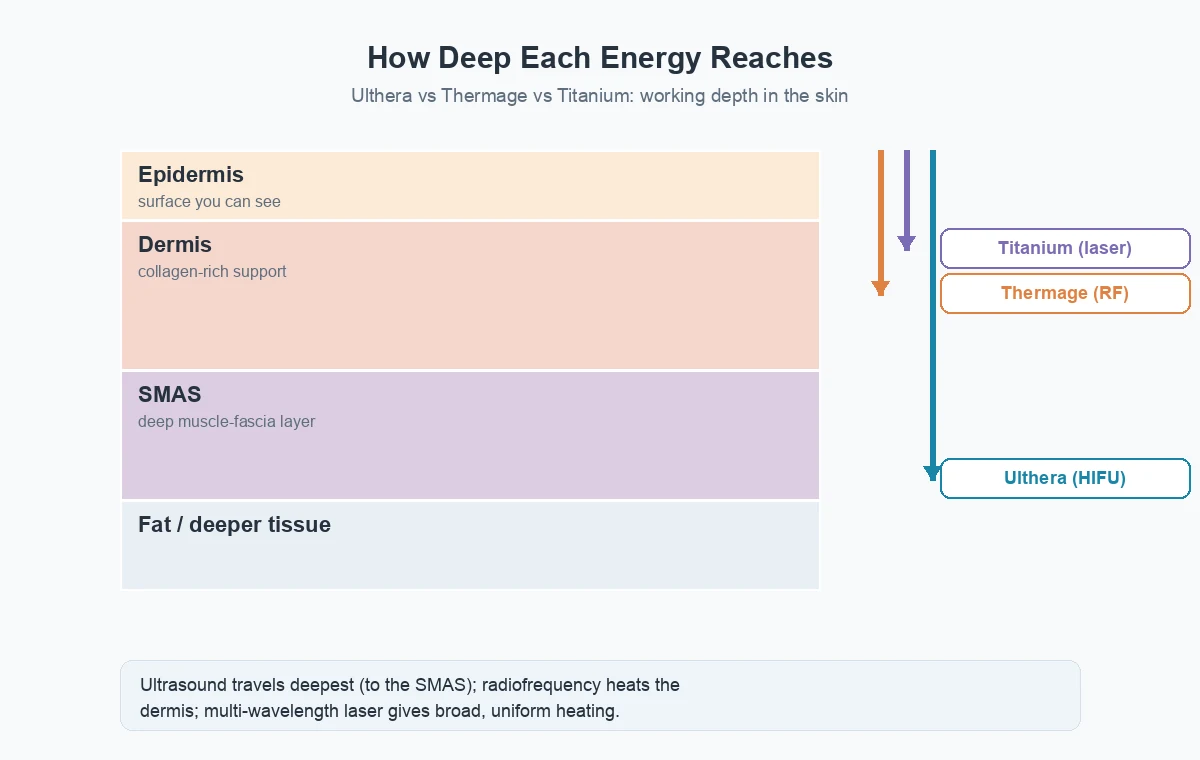 Cross-section diagram comparing Ulthera vs Thermage energy depth: HIFU ultrasound reaches the SMAS, Thermage RF heats the dermis