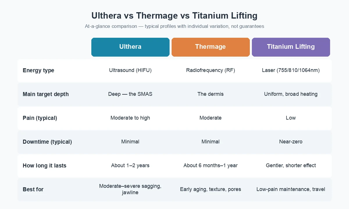 Comparison table of Ulthera vs Thermage vs Titanium Lifting: depth, pain, downtime and how long results last