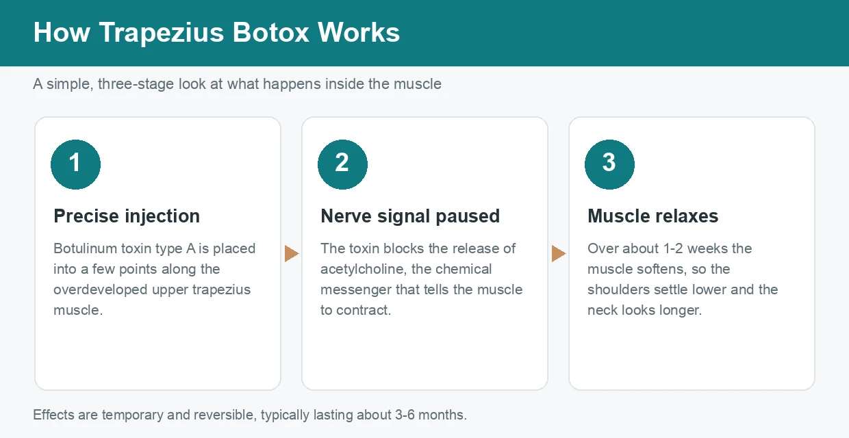 Infographic explaining how Trapezius Botox works in three stages: injection of botulinum toxin type A, blocking acetylcholine at the nerve, and gradual muscle relaxation that lowers the shoulders.