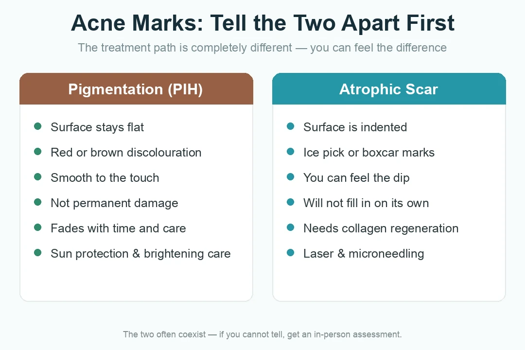 Acne scar types compared: flat PIH pigment marks versus indented atrophic scars
