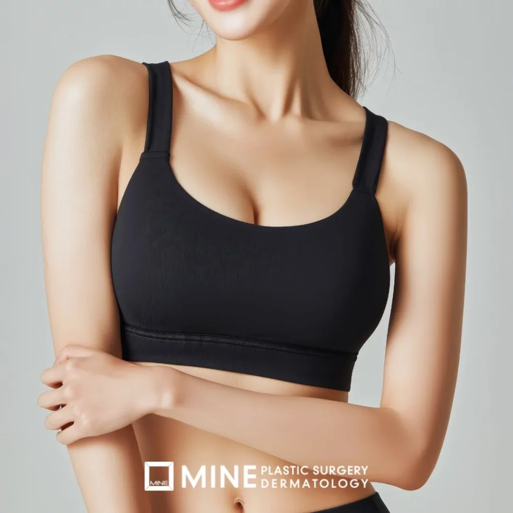 Woman wearing a supportive sports bra, the type recommended during recovery from breast lift surgery.