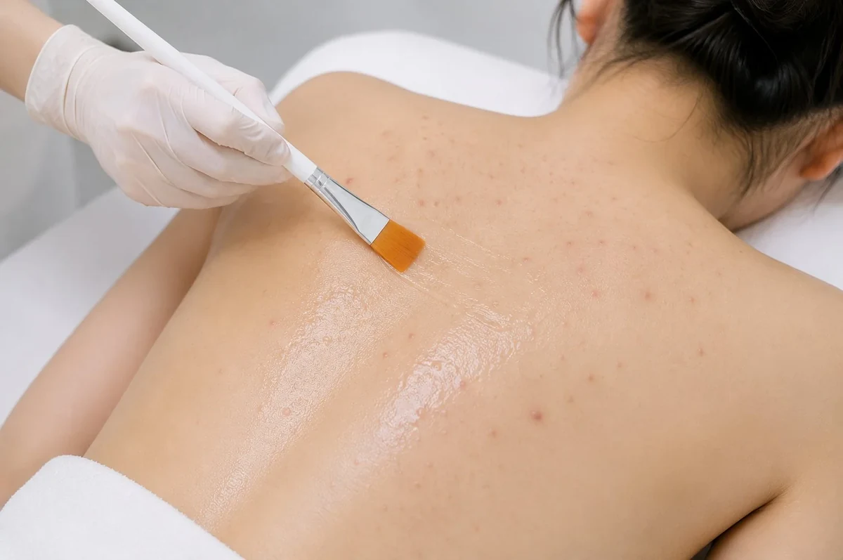 Chemical peel solution applied to active acne on the back at MINE in Seoul