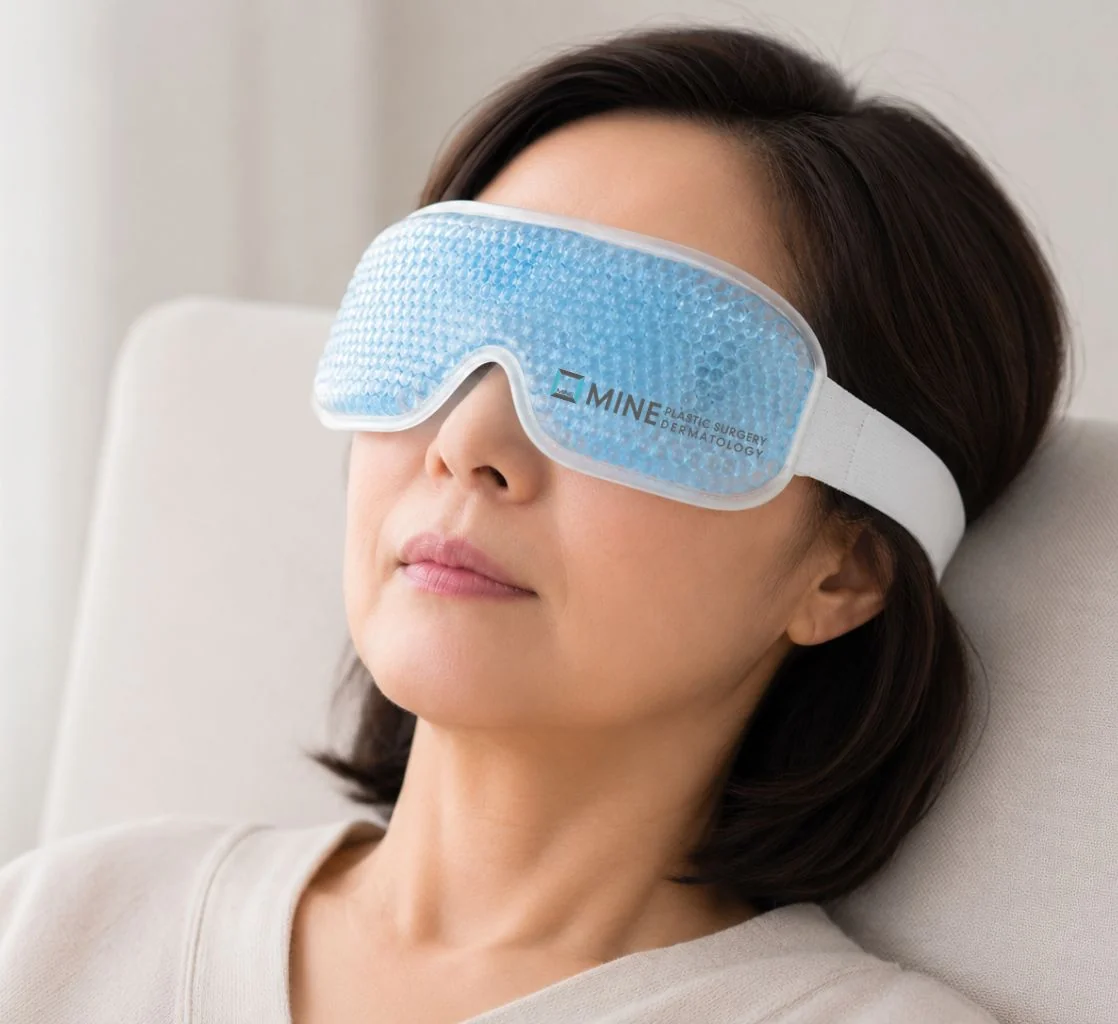Cold compress gel eye mask applied during the first days of eyelid surgery recovery